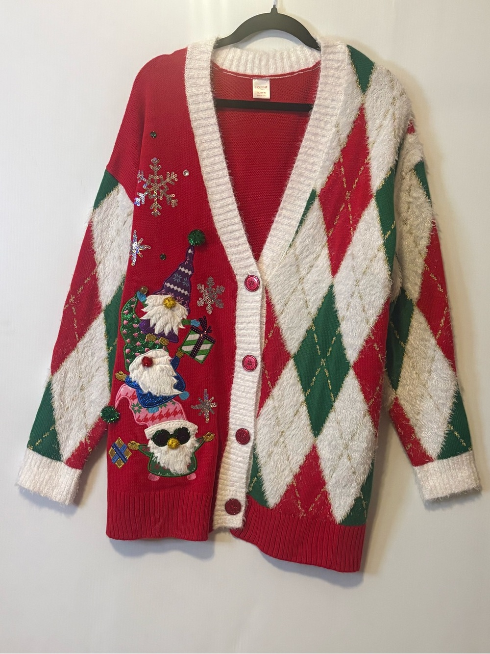 Holiday Time Red, Green & Cream Argyle Gnome Embellished Cardigan